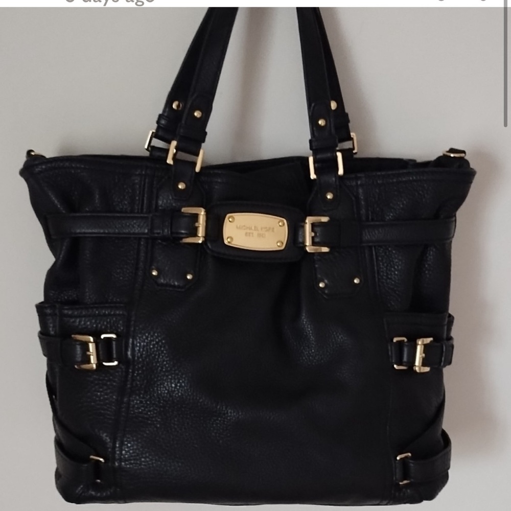 Michael Kors Black Leather Hobo Tote with Gold Hardware
